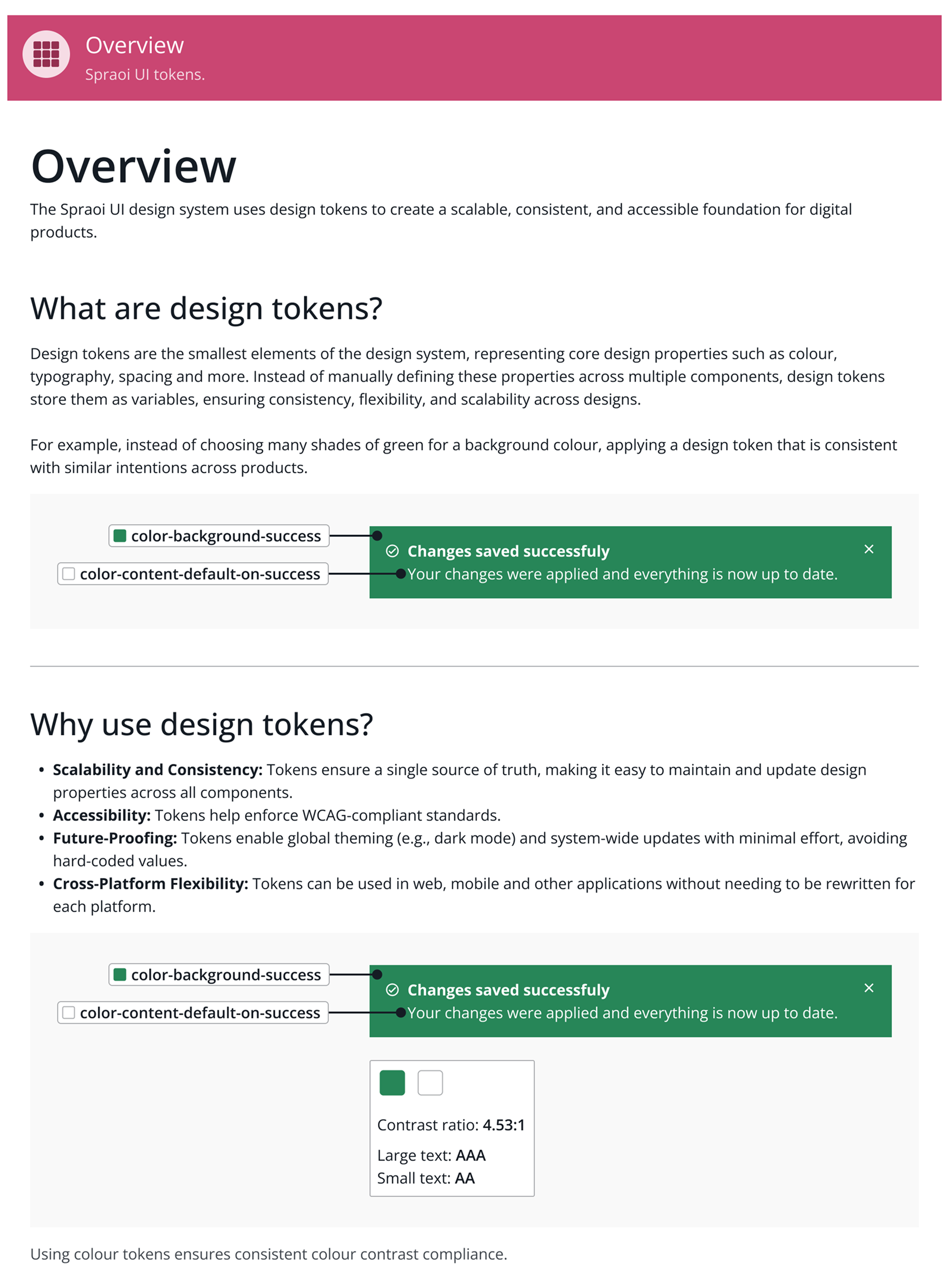 Overview section of the token documentation, outlining the purpose and structure of the design token system.
