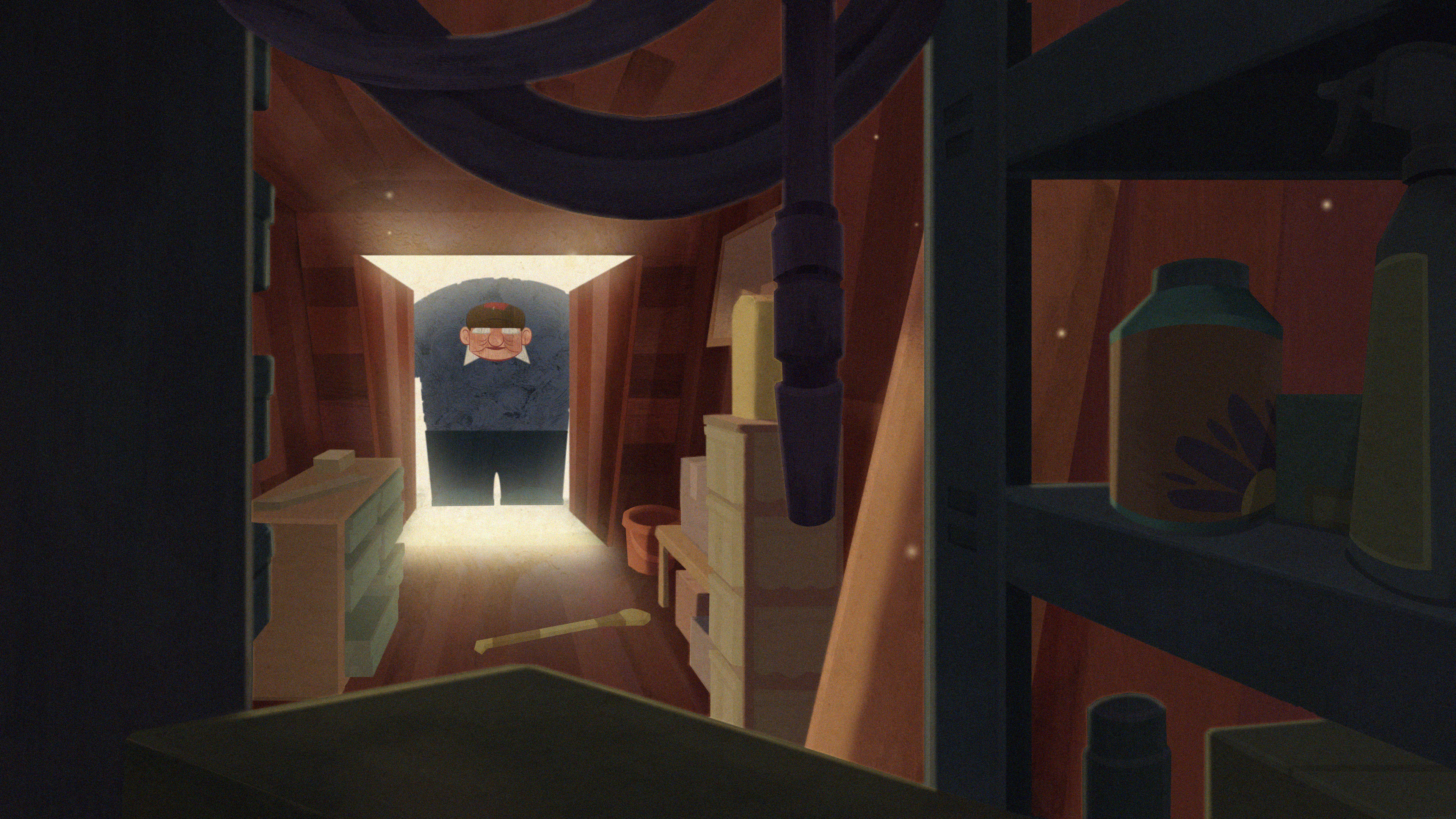 still from graduate animation film - old man looking into dark room