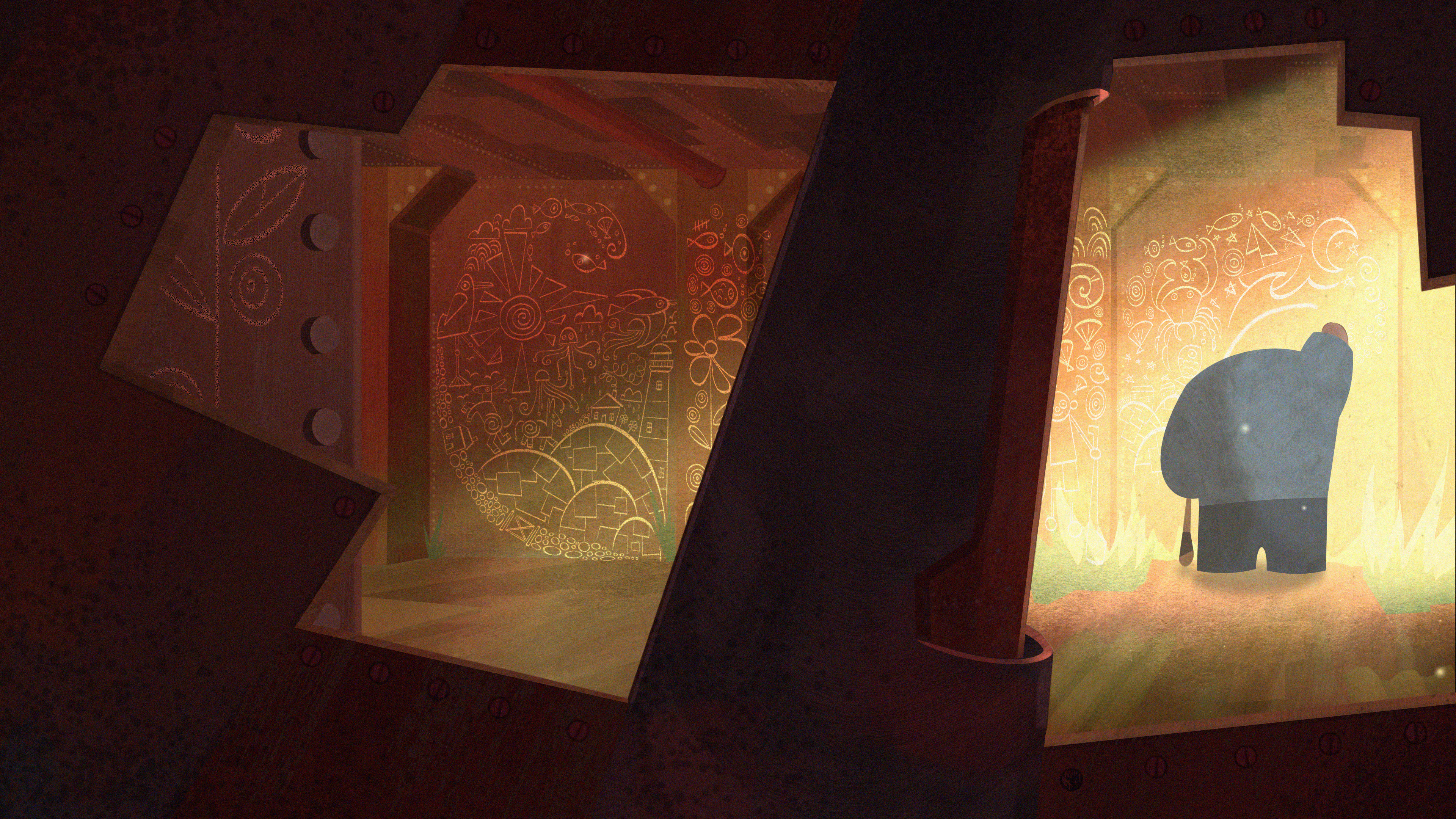 still from graduate animation film - man looking at tapestry with hurley in hand