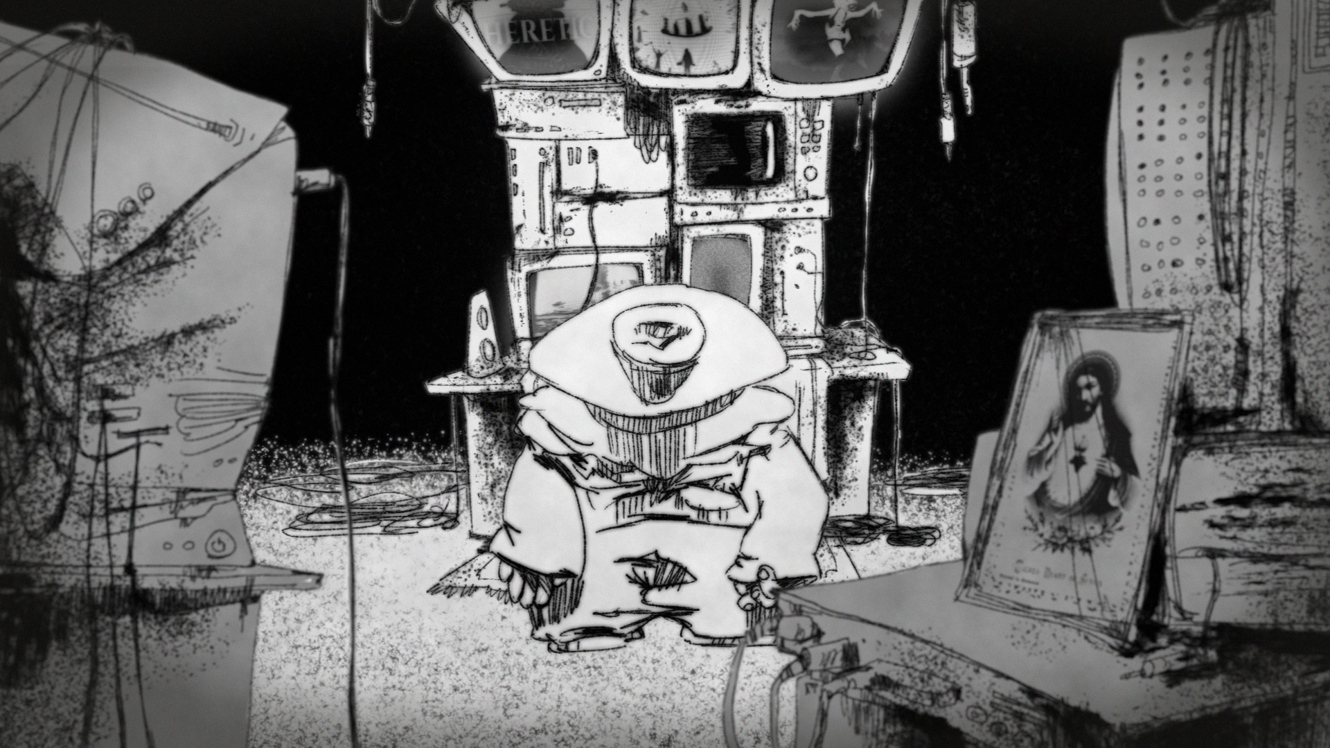 dry-point etching of a character sat in front of old televisions