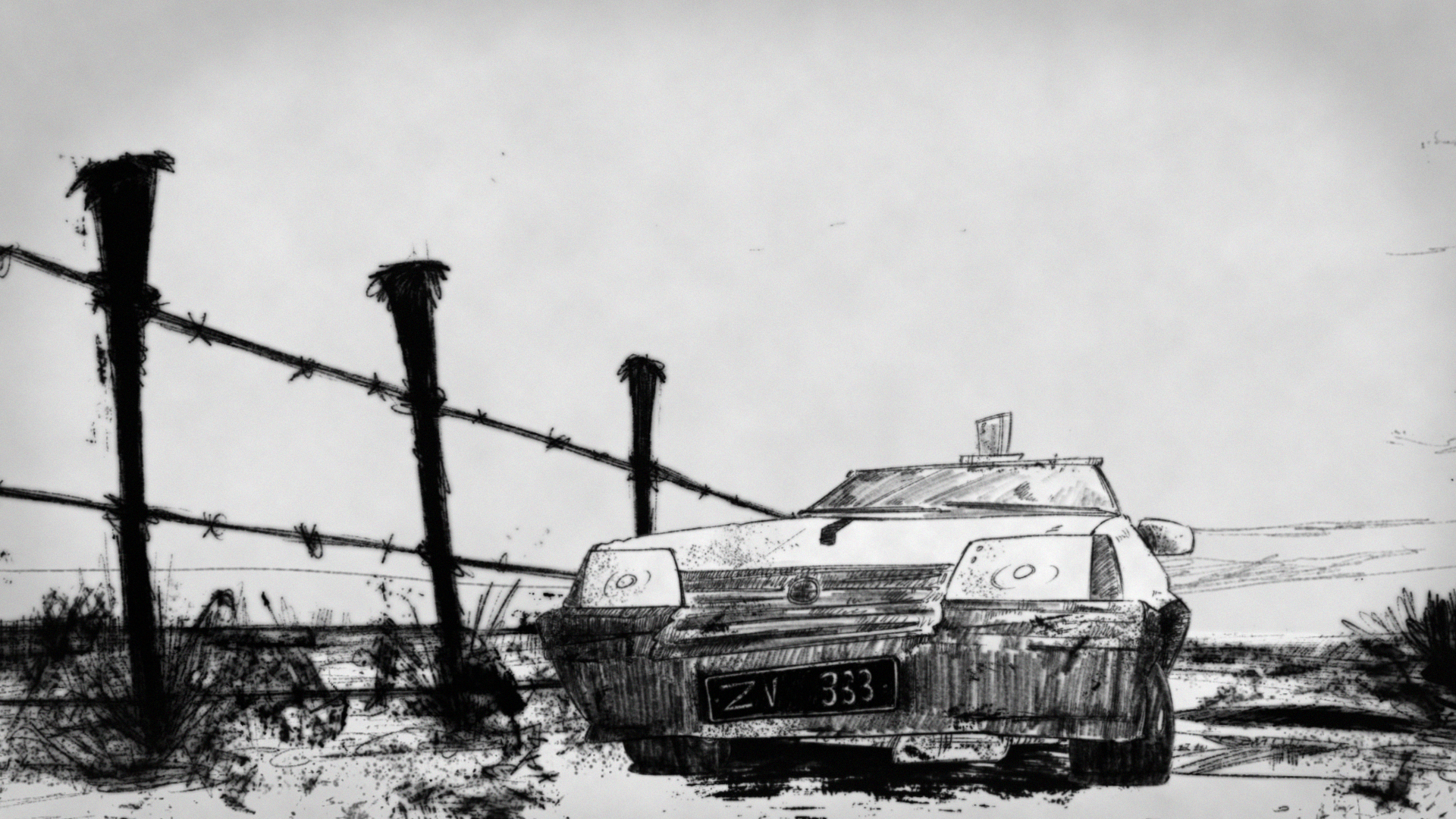 still of old car driving beside fence