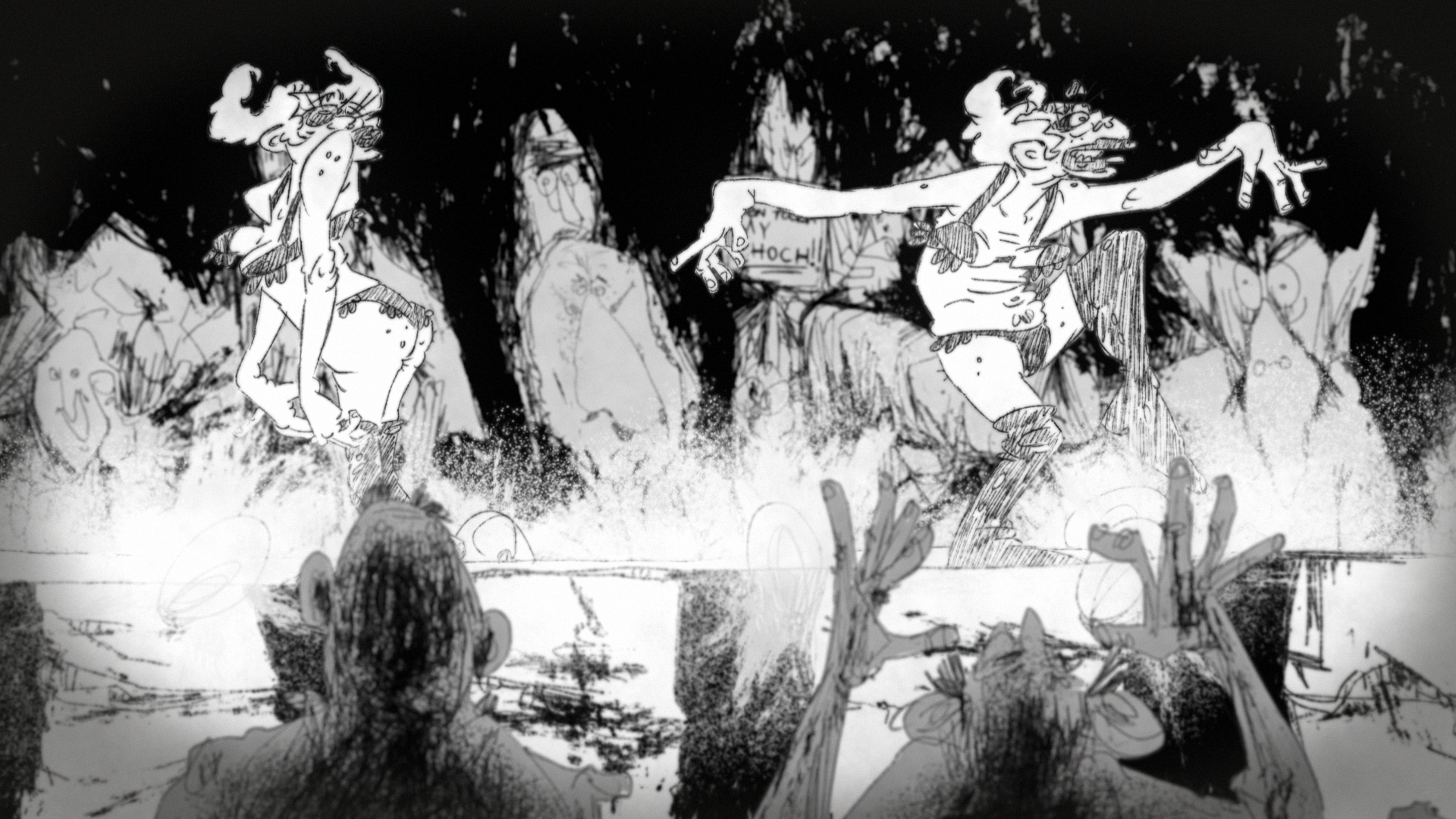 still of characters dancing around a fire