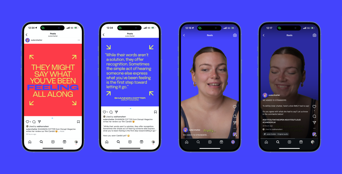 Users can read testimonials or watch teaser snippets of Outer Chatter's film Candid.