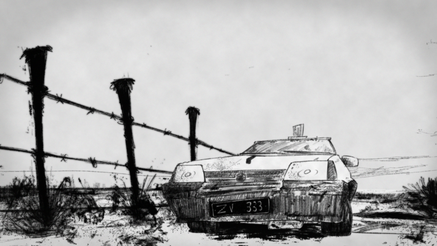 still of old car driving beside fence