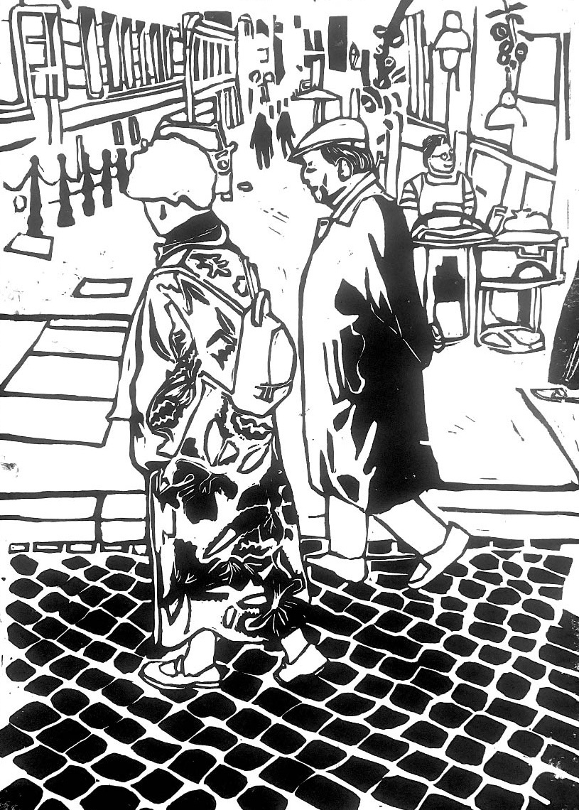 linocut of a couple walking across the road
