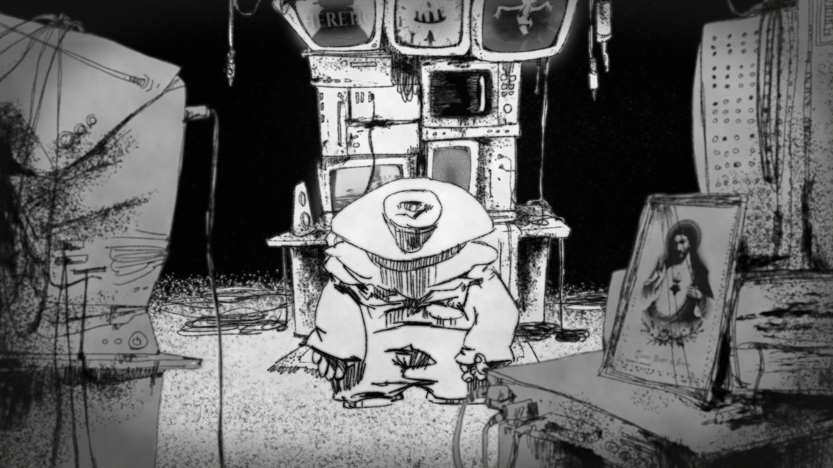 dry-point etching of a character sat in front of old televisions