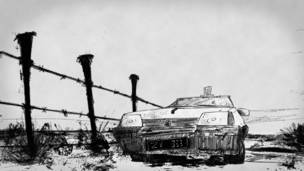 still of old car driving beside fence