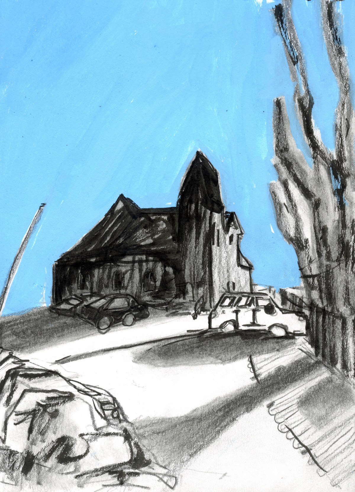 Sketch of a church car park using charcoal and oil pastels