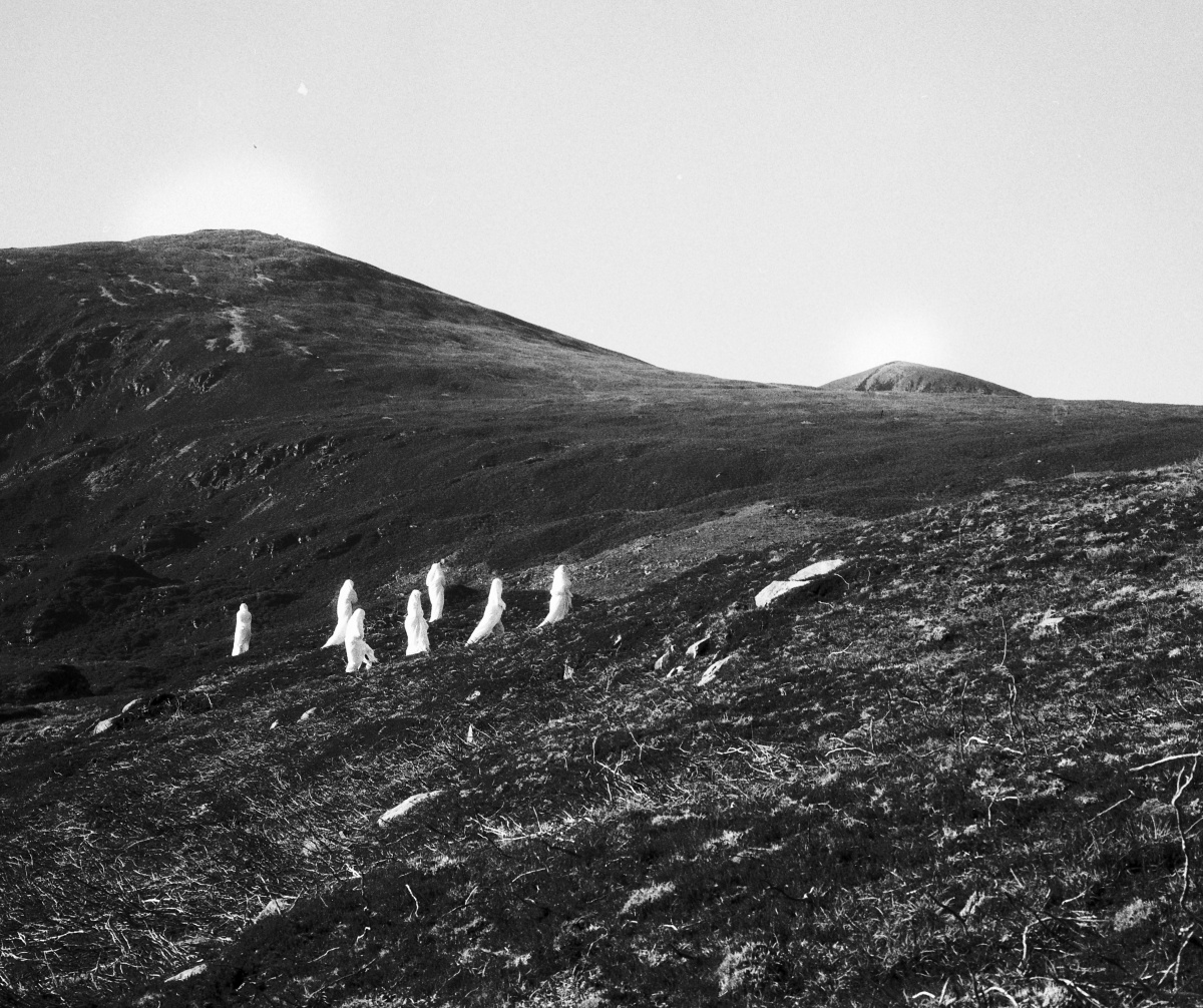 ominous figures in white travelling up mountain