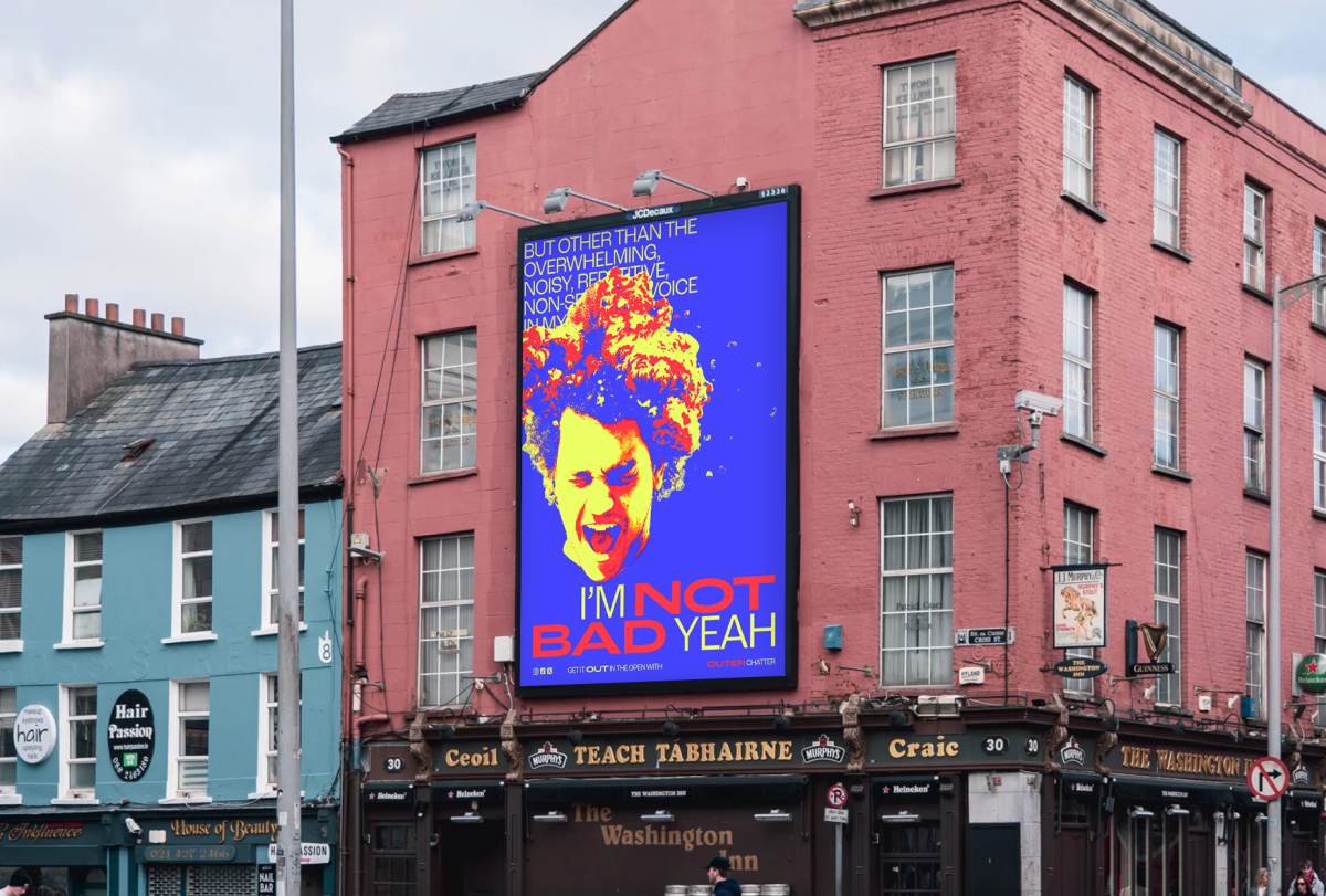 Campaign poster seen in public, enticing people to check out Outer Chatter on social media.